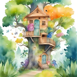 Create an image of colourful characters peeking out of a whimsical tree house nestled among tall trees with . Pleasant and cute. watercolour style.