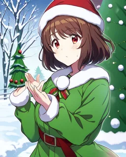 Girl with short brown hair, red eyes, green sweatshirt with a horizontal yellow stripe, he is wearing a Christmas hat, and in the background there are trees in the cold winter with lots of snow, Anime Hq style