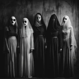 [The Norns] Vintage black and white photo of three young woman eerie figures wearing creepy masks and veils, one with a circular hole and the other with intricate wires and mesh, standing side by side in a dimly lit room, with a plain background, reminiscent of old horror photography, with a haunting and surreal atmosphere.