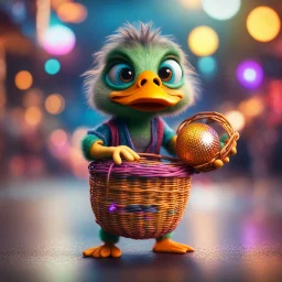 long Linda Berget as hairy groove funk ninja duck gremlin hippie holding disco ball like a basket ball,bokeh like f/0.8, tilt-shift lens 8k, high detail, smooth render, down-light, unreal engine