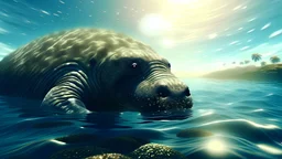 Huge stellars sea cow at the ocean coast, intricately detailed face, professional photography, bokeh, a breathtaking background cinematic side light, wide shot shot on dslr 64 megapixels sharp focus, canon lens, Hyperrealistic, concept art, 16k resolution