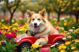 Here is the translation to English: "A beautiful dog with a human face sitting in a toy car in a flower and tree farm"