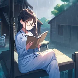 anime girl sitting on a porch swing of an old house, journaling, wearing pajamas, writing in a book, shes watching it rain, more detail on hands and her face,shes deep in her thoughts, wearing glasses, rain drops