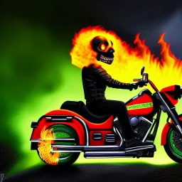 ultra detailed fullbody portrait of Ghost Rider Riding His Fire Motorcycle , extremely detailed digital painting, intrincate, extremely detailed smiling face,crystal clear Big Green eyes, in the style of Frank Frazzetta , mystical colors , perfectly centered image, perfect composition, rim light, beautiful lighting,8k, stunning scene, raytracing