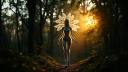 photoreal ultra realistic full body shot of the forever forward walking a beautiful girl translucent alien ,morphing and changing to leaves while walking from the forest glade at glowing dawn, otherworldly creature, in the style of fantasy movies, photorealistic, bokeh masterpiece smooth shading, ultra detailed, high resolution, cinematic, unreal 6, subtle shadows, octane render, 8k, cinema 4d, HDR, dust effect, vivid colors