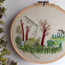 exquisite whimsical woodland in embroidery hoop, intricate, highly detailed, linen and wood backdrop