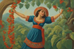 a lush jungle, a woman dressed in embroidered folk costume with a beaded bonnet on her head holding on to a vine with one hand while swinging across and reaching for the next vine with the other, dynamic movement, sunshine, oil on canvas