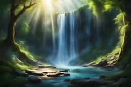 An_enchanted_landscape,_dappled_sunlight, a waterfall _. Magical atmosphere. realistic