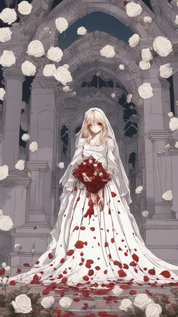 صورة تقريبية تظهر فتاة ترتدي فستان زفاف ملطخ بالدماء,معلق فوق قبر,الأرض مليئة بالورود البيضاء.صورة سينمائية