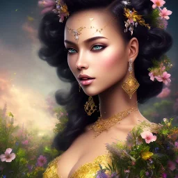 black skin fairy, beautiful portrait, flowery landscape