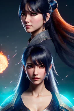 Middle age female anime warrior, wrinkles, orange eyes, gray hair with dark blue hair, ponytail hairstyle, waist up portrait,4k resolution, intricate details, ornate details, soft lighting, vibrant colors, retroanime, masterpiece, intricate eyeliner, dark eyeshadow, futuristic cityscape background