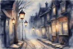 Prompt: a lantern glowing softly on a cobblestone street, mist swirling, with old Victorian houses lining the path, watercolor, mysterious, nocturnal