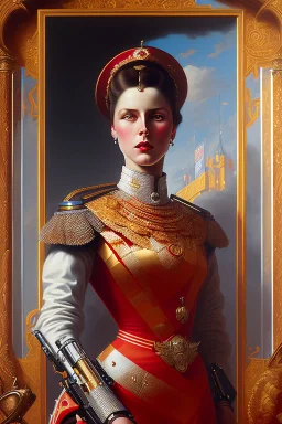Portrait of a dangerous woman. Painting in the style of Frank Xavier Leyendecker. Hyperdetailed. In the art style of Paul Delvaux. Blood Red and Ash Grey Colour Scheme. 8k resolution concept art