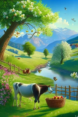 countryside, morning, sun, mountains, green, flowers, cows, clear sky, river, apple tree, basket, sky, grass