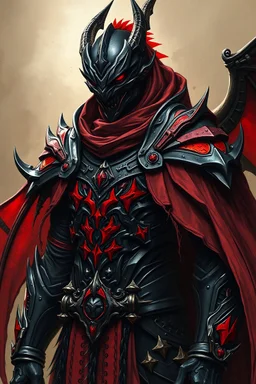 A dark draconic knight who has his black and red armor fused to his skin