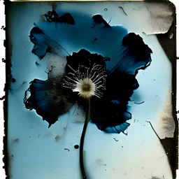 Postcard on an old scratched paper, black inkblot flower, blur 15%, double exposure, merged layers, in the first part (near to us) of the picture you can see a plain lightblue engraved glass, logotype, the glass is cracked in several places, in some places the glass is broken, crumpled burlap, through it you can see a signature in the background