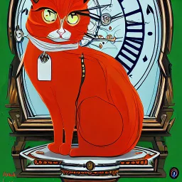 Orange longhairs cat with a clock, surrealism in the style of Salvador Dali