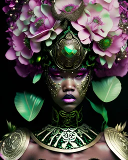 Beautiful young etherial carnival vantablack einecaea floral headress ed woman portrait adorned with einaeae floral headress metallic filigree half carnival masque ribbed with light green pink a white wearing carnival style rocco shamanism costume armour ehinaceae floral embossed Golden filigree organic bio spinal ribbed detail of full einecaea floral bloomed background extremely dealed hyperrealistic maximálist concept portrait art
