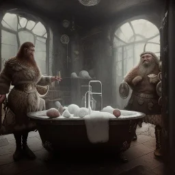 A viking and his wive having a bath, scary, steam punk, realistic, made in octane, cinematic, ultra-realistic, extremely detailed octane rendering, 8K, VRAY Super Real ar 2:3, dof photorealistic futuristic 50mm lens hard lighting dark gray tintype photograph, realistic lighting, sepia color