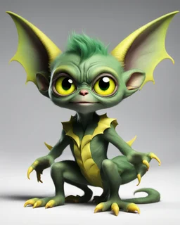 Flux P: a small gremlin, with large expressive yellow eyes and oversized ears that resemble bat wings. The creature has a vibrant green, slightly scaly skin, and a playful, mischievous expression. It sits in a dynamic pose, with a curled tail and pawed feet featuring sharp, claw-like toes. The background is minimalistic and bright white, emphasizing the creature's vivid colors. The lighting is soft and even, highlighting the detailed textures of the skin and the glossy shine of the eyes. The ove