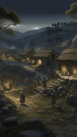 Busch nightmares paining style, thin line draw ,Title:view of a Stone Age village , 8k artistic photography, photorealistic concept art, soft natural volumetric cinematic perfect light, chiaroscuro, award-winning photograph, masterpiece, oil on canvas, Raphael, Caravaggio, Greg Rutkowski, people, beksinski, Giger