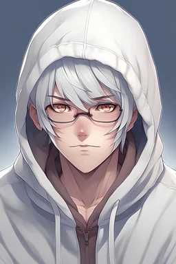 Anime man with glasses, messy white hair, wearing a hooded sweatshirt, realistic