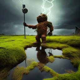 hyperrealistic shot, rusting and moss covered giant mascot, earth color palette, sharp focus, puddle reflection, water splash, refraction, rain and lightning on the horizon, shadowcast, detailed and intricate, cinematic composition, tilt shift photography