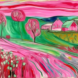A pink farmland with magical crystals painted by Edvard Munch