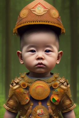 Thailand baby head portrait, warrior costume, village, meditation, woods, cyberpunk, 8k quality