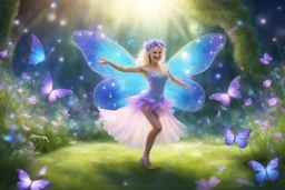 a cosmic beautiful smiling fairy dancer dancing in a magical lawn with a crystal creek and fairy butterfly