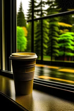 Takeaway coffee next to window with rain trickling down the outside.