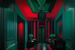 dark Emerald and red art deco inspired new york city vampire apartment in the 1980s