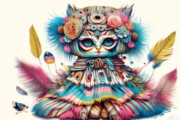 Artist Jean-Baptiste Monge style. Top view of a pile of humanoid biomorph flower patterned Beanie Babies kitten-owl faced woman. Vibrant, colorful. A furry striped dress, covered with owl feathers.