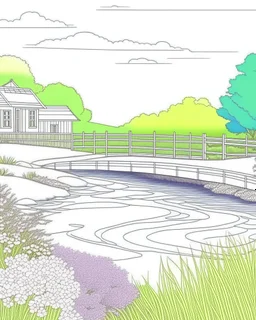 Coloring pages: A peaceful garden landscape with a flowing stream and blooming flowers. The image should showcase a small wooden bridge over the stream, leading to a tranquil spot where readers can imagine sitting and taking in the picturesque scenery. Colorful flowers should be scattered around the garden, creating a visually appealing and relaxing image.