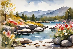 Sunny day, rocks, flowers, spring, mountains, epic, winslow homer watercolor paintings