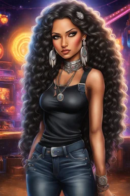 Create a digital airbrush cartoon of an native american female wearing a black jean outfit with timberland boots. Prominent make up with hazel eyes. She is wearing large diamond hoop earrings. Extremely highly detailed very long curly hair that shines. Background of a night club.