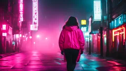 woman jacket night foggy city pink neon lights walking