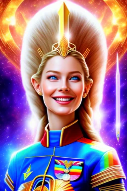 cosmic woman smile, admiral from the future, one fine whole face, crystalline skin, expressive blue eyes,rainbow, smiling lips, very nice smile, costume pleiadian, Beautiful tall woman pleiadian Galactic commander, ship, perfect datailed golden galactic suit, high rank, long blond hair, hand whit five perfect detailed finger, amazing big blue eyes, smilling mouth, high drfinition lips, cosmic happiness, bright colors, blue, pink, gold, jewels, realist, high commander