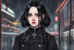 wednesday addams with short black hair in 8k 2D anime realistic drawing style, Gothic them, neon effect, close picture, rain, highly detailed, high details, detailed portrait, masterpiece,ultra detailed, ultra quality