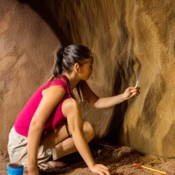 A dirty native American girl in a cave doing wall paintings with glowing plants