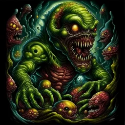 High_Quality_Art Digital Painting of Horror Monster creature genetic experiment by Richard Corben, Todd Schorr, T-Shirt Design, Black Background,