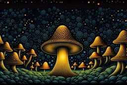 millions of dots art detailed mystical trippy ultra saturated neon detailed look into an old wise gnome holding mushrooms next to a fire in the glowing mushroom forest, but a hallway of mushrooms. (Retro Art Nouveau-influenced concert posters). Art deco mushroom border. DMT like entities. aliens and mythical creatures melting faces. white swirls in the blank space