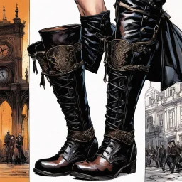 create ornate goth punk riding boots in the style of Victorian era button boots, and decorative elements of wingtip brogans, in rich brow leather illustrated in the comic book style of Bill Sienkiewicz and Frank Miller, highly detailed, 4k