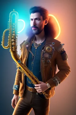 steampunk , saxophone player, caucasian man, big hair, neon sign spelling 'Saxman', post-apocalytic setting, volumetric lighting, particals, intricate detail,realistc, close up