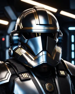 star wars bald male corellian pilot wearing pearlescent black and gunmetal grey First Order special forces heavy assault stealth commando armor and helmet with gold trim inside the jedi temple, hyperdetailed, dynamic lighting, hyperdetailed background, 8k resolution, volumetric lighting, light skin, fully symmetric details