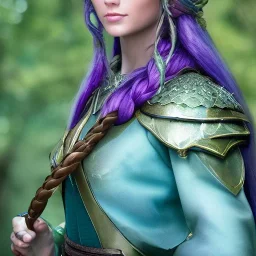 beautiful elven ranger queen with purple armor, delicate cyan braided hair, green glass eyes, white flowing dress, highly detailed, 8k, ambient light, taylor swift