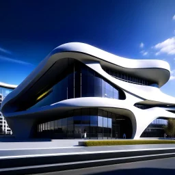 Fachada frontal de un museo estilo Zaha Hadid calidad ultra 12k