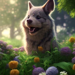 pixar style, volumetric summer garden environment and background, realistic painting of snickers, looking excited, volumetric lighting, dramatic lighting, detailed digital painting, extreme dense and fine fur, anime, ornate, colour-washed colors, elegant, small minutiae, tiny features, particulars, centered, smooth, sharp focus, renderman gofur render, 8k, uhd, detailed eyes, realistic shaded volumetric lighting, sunlight caustics, backlight, centered camera view