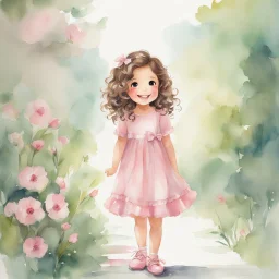 watercolor, full body, cute smile girl, curly hair, big eyes, long brown hair, pink dress, pink shoes, white backgrownd