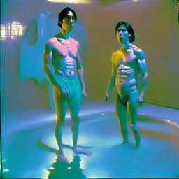 Justin long and his buf boyfriend are standing above thier pool showered spa heater while in tight loincloths and Nickolas is flexing there muscles while illuminated by the ambient teal glowing on the glowing marbled floor made of long flat marble slabs, the ground next to the clinical yard is in the style of primitive art. metalworking mastery, fawncore, the immaculately composed quality of this photo shows the artist was taken with provia, detailed wildlife, isaac grünewald, rustic simplicity
